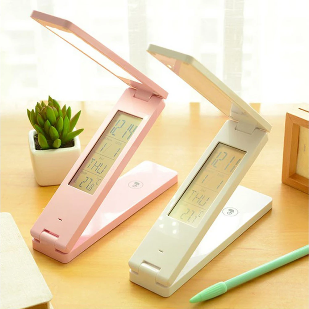 Foldable 18 LED Desk Lamp&Night Light with Alarm Clock/Calendar Table Lamp Soft Bright Can Adjust Built-in Rechargeable Battery