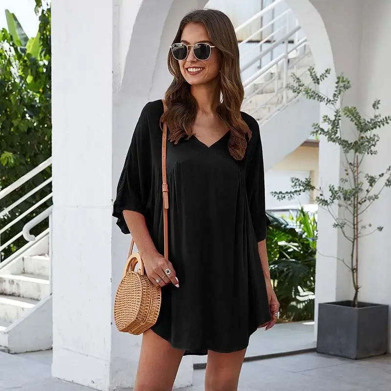 

2020 Summer Tulle Dress Women Casual Loose Shirt Dress Ladies Female V-neck Beach Dress Short Party Dress For Women