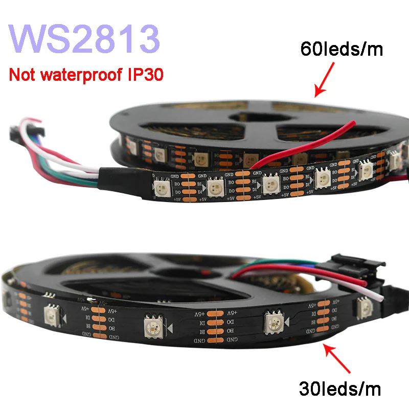 

5m/lot WS2813 led pixel strip light;Dual-signal ;30/60 pixels/leds/m,WS2812B Updated;DC5V,IP30/IP65/IP67,Black/White PCB