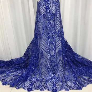 

African Net Lace Fabric, High Quality Elegant royal blue Sequins Nigerian Wedding Lace Fabrics 5Yards Sequins French Tulle lace