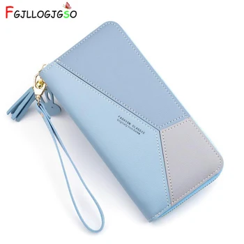 

Geometric Women Wallets with Zipper Pink Phone Pocket Purse Card Holder Patchwork Women Long Wallet Lady Tassel Short Coin Purse