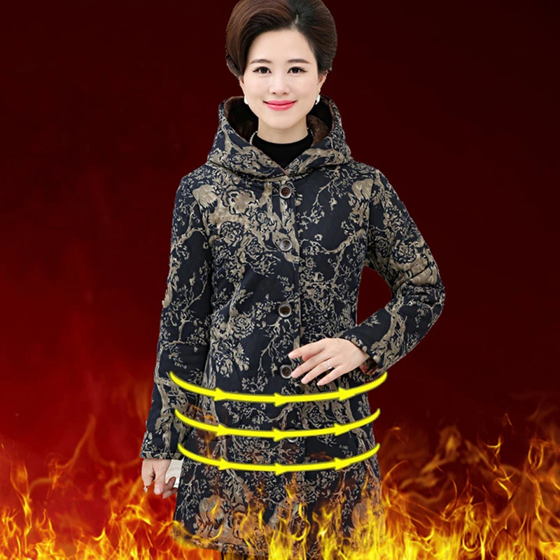 

Womens Parka Autumn Winter Warm Plus Velvet Hooded Coat Casual Floral Print Outwear Women's Jackets And Coats Female Overcoat
