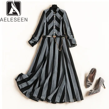 

AELESEEN Winter New Arrival High Quality Lace A-Line Dresses English Style Stripe Luxury Hollow Out Office Lady Midi Dress