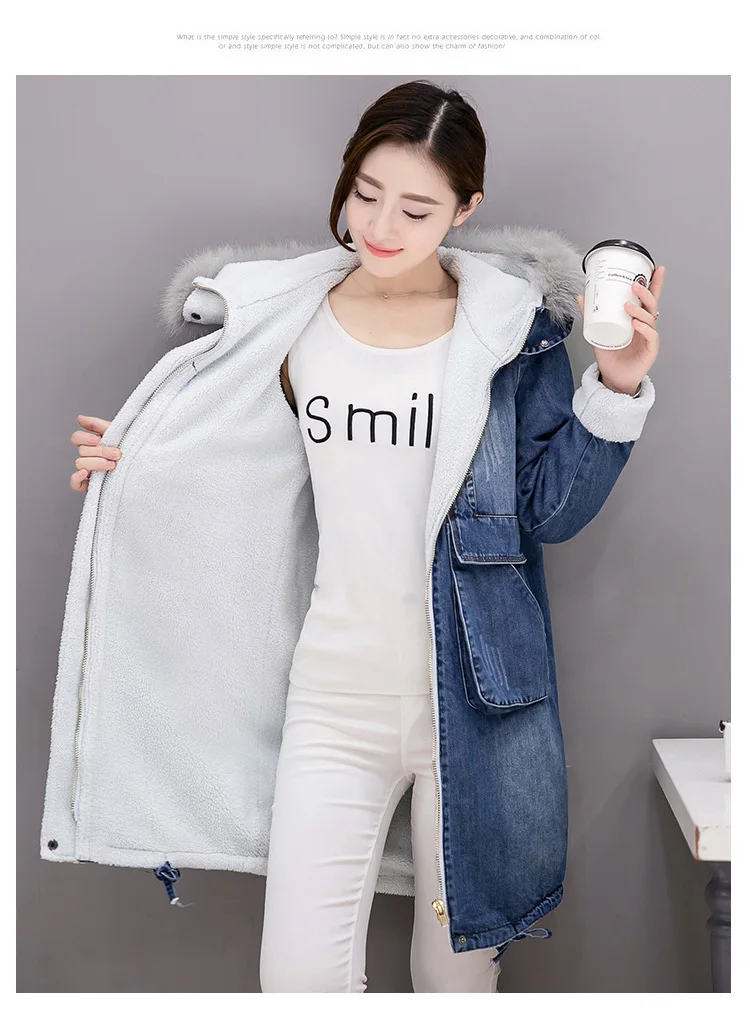 Warm Winter Long Denim Jacket Women Thick Hooded Coat Jean Jacket with Fur Collar Basic Ladies Windbreaker Female Plus Size 3XL