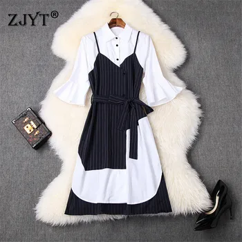 

Europe Fashion Runway Summer Dresses for Women 2020 New Elegant Clothes Flare Sleeve Striped Print Patchwork Shirt Dress Lady
