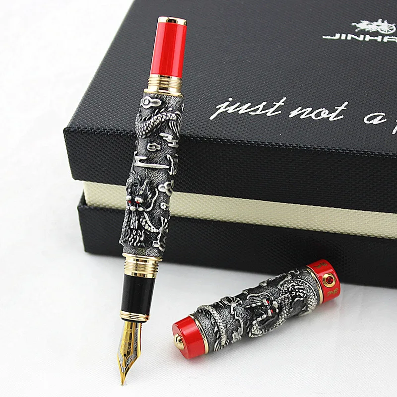 Jinhao, металлическая серая авторучка с двойным драконом, перьевая ручка иридиевая, средний перьевой наконечник, передовое ремесло, ручка для письма, подарочная ручка для бизнес-офиса выпускника