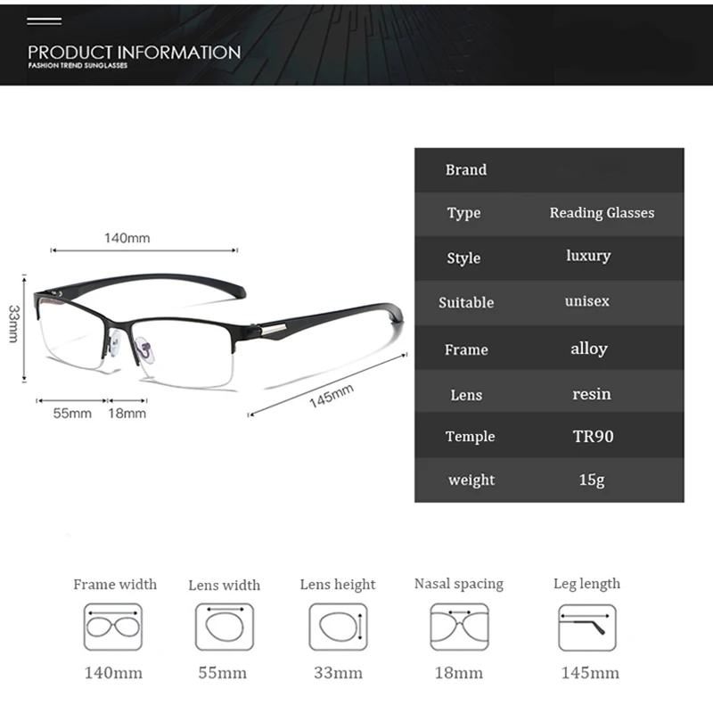 

Blue Light Proof Reading Glasses For Business Men And Metal Half Frame Reading Glasses For Women Dioptric Glasses