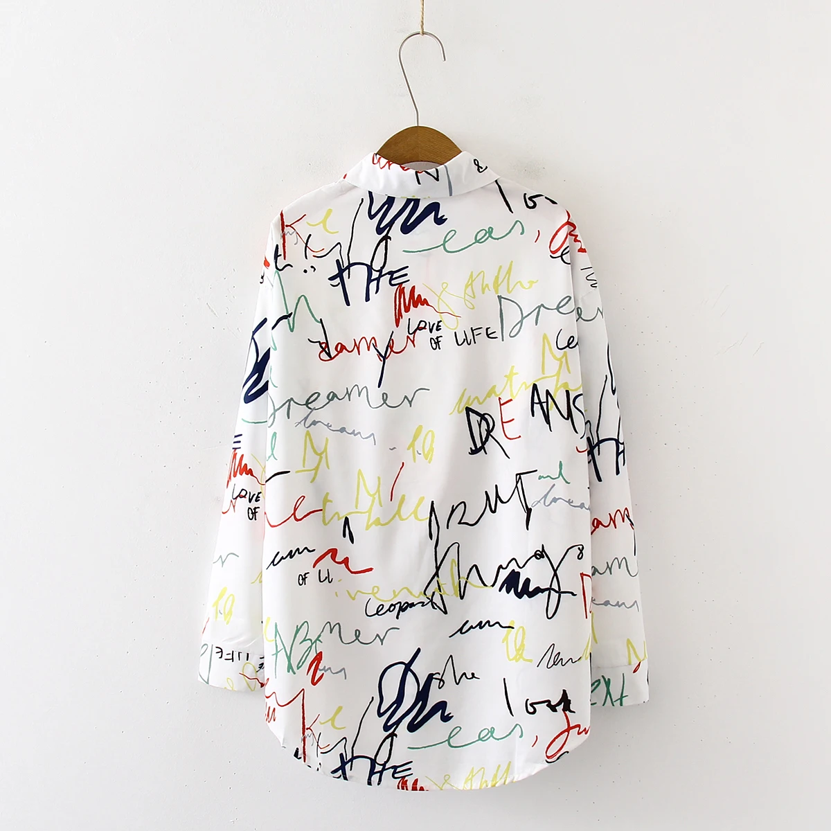  ew Arrival Letter Print Turn-down Collar Ovesize Long Blouse Button Up Casual Loose White Black Shi