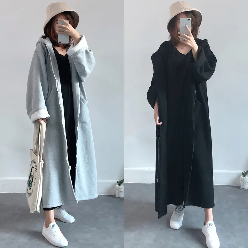 

Maternity Clothes 2019 Autumn And Winter New Style Korean-style Cardigan Hoodie plus Velvet Long over-the-Knee Loose And Plus-si