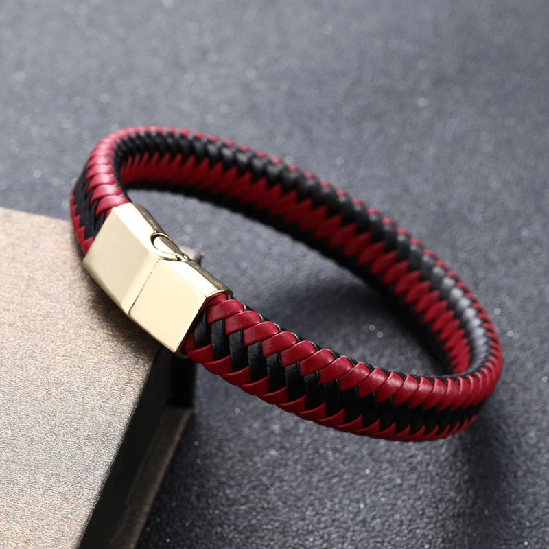 2019New Men Jewelry Punk Black Blue Braided Leather Bracelet for Men Fashion Bangles GiftsStainless Steel Magnetic Clasp - Окраска металла: Gold Red