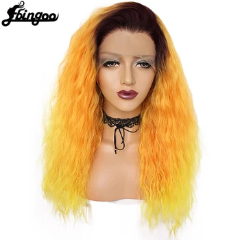 

Ebingoo Orange Ombre Dark Roots Long Fluffy Curly Synthetic Lace Front Wig High Temperature Fiber Free Part for Women