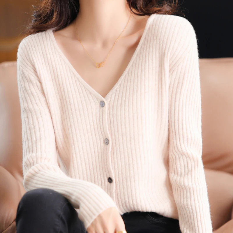 

DY 2021 Fashion Slim Ladies Knitted Sweater Long Sleeve Buttons Sweater 100% Wool Cardigans Female