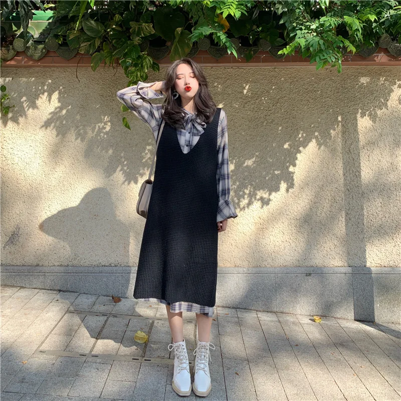 

Autumn And Winter Retro CHIC Base Long Shirt Dress-Style Set High Cold Elegant Retro Knitted Vest Two-Piece Women's