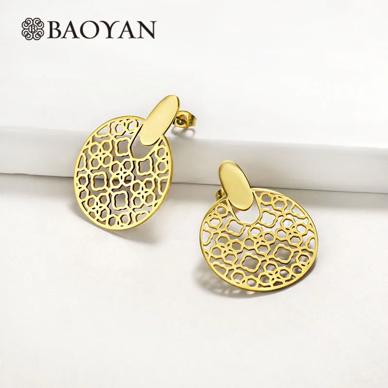 BAOYAN роскошные золотые круглые серьги в форме сердца винтажные большие полые серьги из нержавеющей стали титановые золотые серьги-гвоздики для женщин - Окраска металла: Round