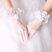 Новые кружевные прозрачные короткие свадебные женские перчатки с бантом, Вечерние перчатки