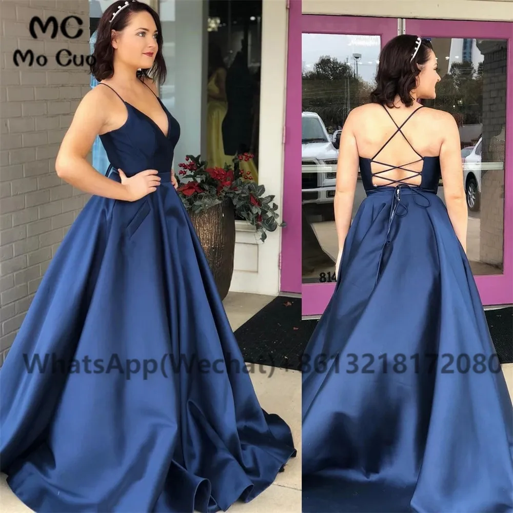 Navy Blue 2021 Evening Prom Dresses With Pockets V-neck Spaghetti Straps  Women's Evening Dress Hard Satin Prom Dress Customized - Evening Dresses -  AliExpress