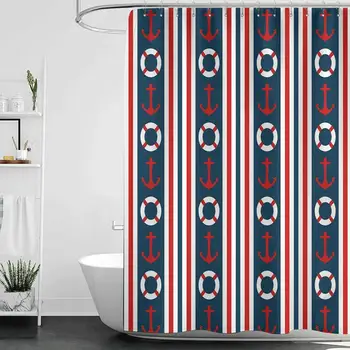 

Shower Curtains Nature Picture Nautical,Vertical Borders Stripes Maritime Theme Steering Wheel and Anchor Pattern,Indigo Red