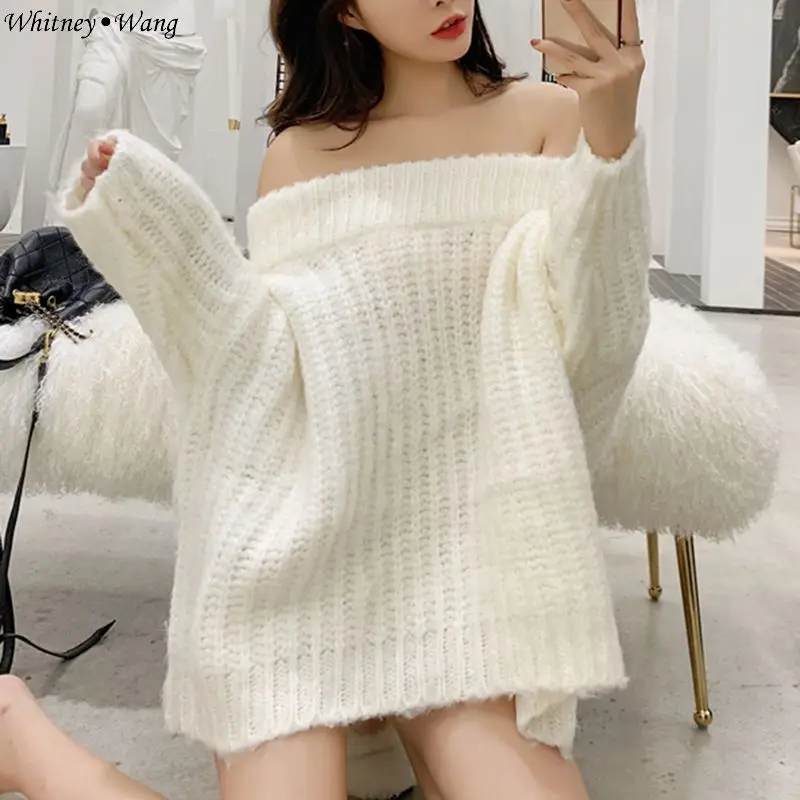 WHITNEY WANG Autumn Winter Fashion Streetwear Sexy Slash neck Mohair Sweater Wome Jumper sueter mujer invierno