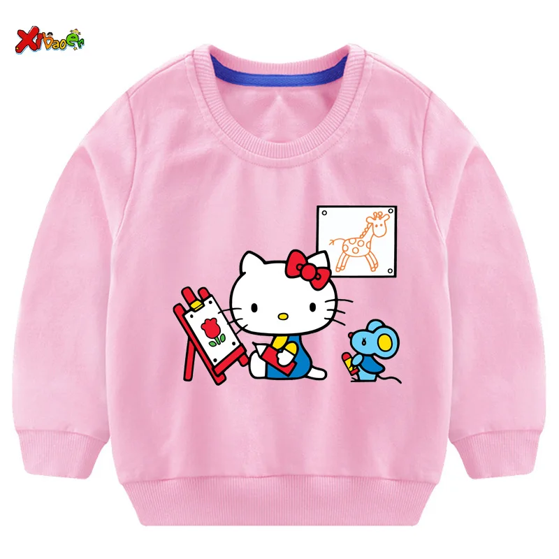 Свитшоты для маленьких девочек Футболка hello kitty г. Осенние толстовки для малышей, пуловер с длинными рукавами Модная одежда с героями мультфильмов красный, белый - Цвет: sweatshirt pink