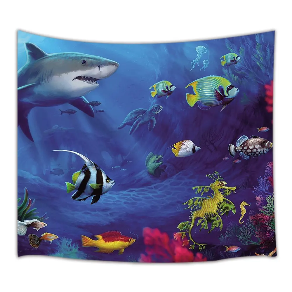 

Cartoon Ocean Animals Tapestry Wall Hanging Underwater Sea World with Corals Dolphin Turtle and Tropical Fishes