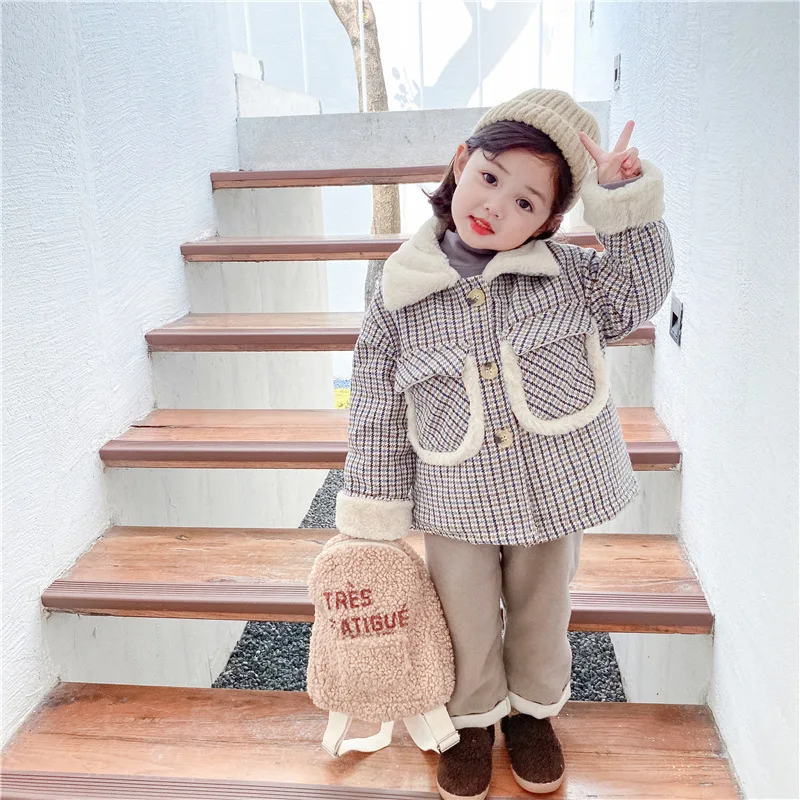 

Girls Baby's Kids Coat Jacket Outwear 2022Plaid Warm Thicken Plus Velvet Winter Autumn Buttons Lamb Woolen Children's Clothes