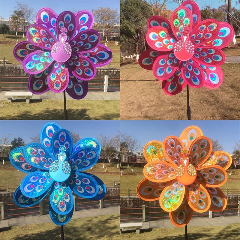 Double Layer Peacock Laser Sequins Windmill Colourful Wind Spinner Home Garden Decor Yard Kids Toy