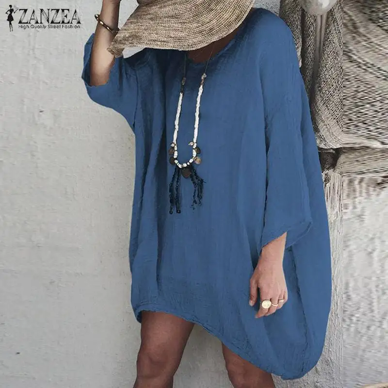 

Casual Mini Dress Women's Sunderss 2019 ZANZEA Kaftan 3/4 Sleeve Baggy Vestidos Female O Neck Long Blusa Plus Size Summer Tunic