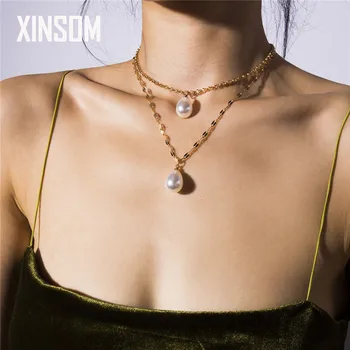 

XINSOM Double Layers Pearl Pendant Necklace For Women Gold Color Link Chain Statement Necklace Fashion Jewelry Girls Gift XS009
