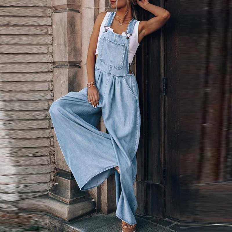 Denim Jumpsuits Daily Casual Sleeveless Solid Overalls 2021 Fashion Design Ripped Jean Romper Summer New Women Loose Side Pocket