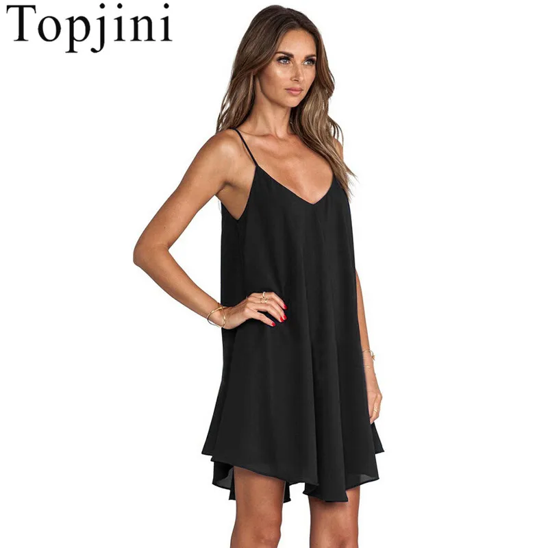 Plus Size 6XL Chiffon Straight Sleeveless V-Neck Dresses Knee-Length Spaghetti Strap Summer Fashion Loose Female Dress