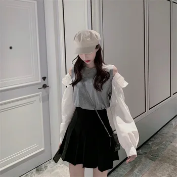 

Autumn 2019 New Splicing Off Shoulder Lantern Sleeve Sweater Korean Version Loose And Versatile Student Sleeve Long Sleeve Top F