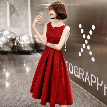 

Skyyue O-Neck Banquet Gowns FR302 Sleeveless Formal Prom Dresses Burgundy A-Line Vestido De Gala Lace Up Shiny Elegant Dress