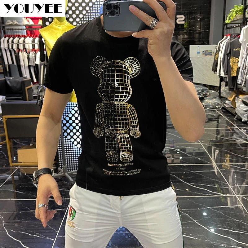 Camiseta de de moda para hombre, Camisa de algodón mercerizado lentejuelas y diamantes de imitación de Delgado, tendencia coreana, novedad de verano 2021|Camisetas| - AliExpress