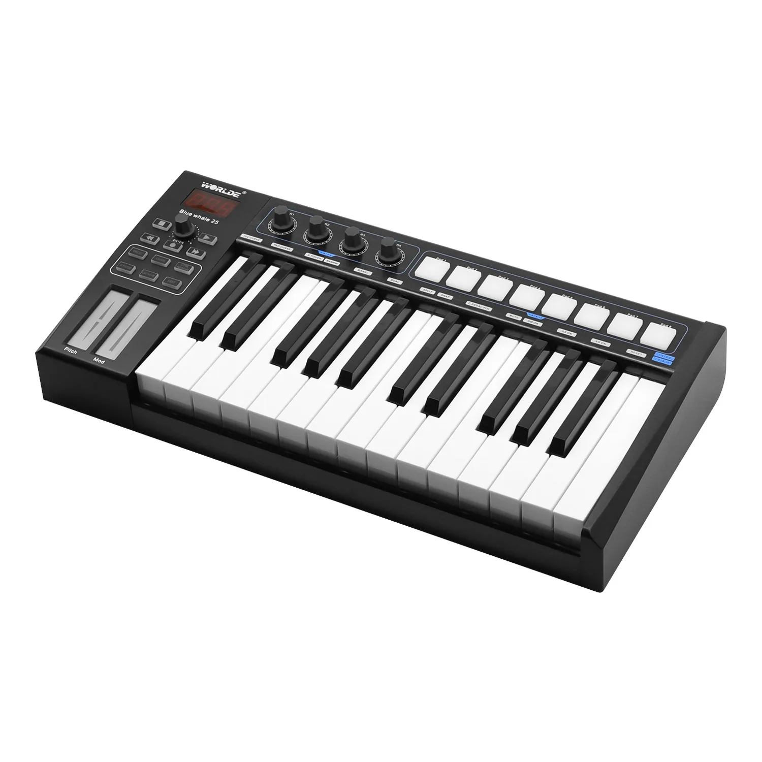 WORLDE Blue whale 25 Портативный USB MIDI контроллер клавиатуры 25 полу-взвешенные клавиши триггерные подушки светодиодный дисплей с USB кабелем