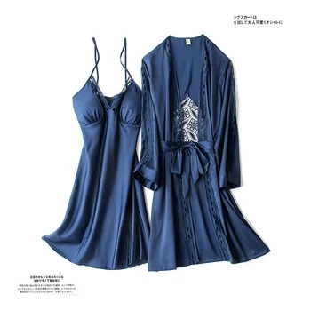 

Twinset Robe Suit Womren Satin Hollow Out Sleepwear Sexy V-neck Mini Kimono Bathrobe Gown Casual Rayon Bridal Wedding Nightwear