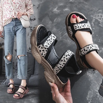 

Summer Women Sandals Wedge Thick Sole Leopard Printed Casual Platform Ladies Shoes Hook&loop Beach woman Shoes
