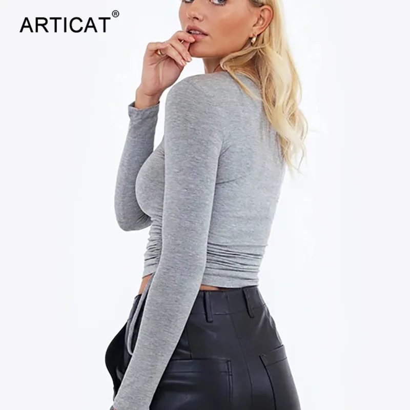 Articat Drawstring Ruched облегающая футболка женская с длинным рукавом и круглым вырезом Стрейчевые однотонные Короткие топы Базовая Повседневная Женская одежда