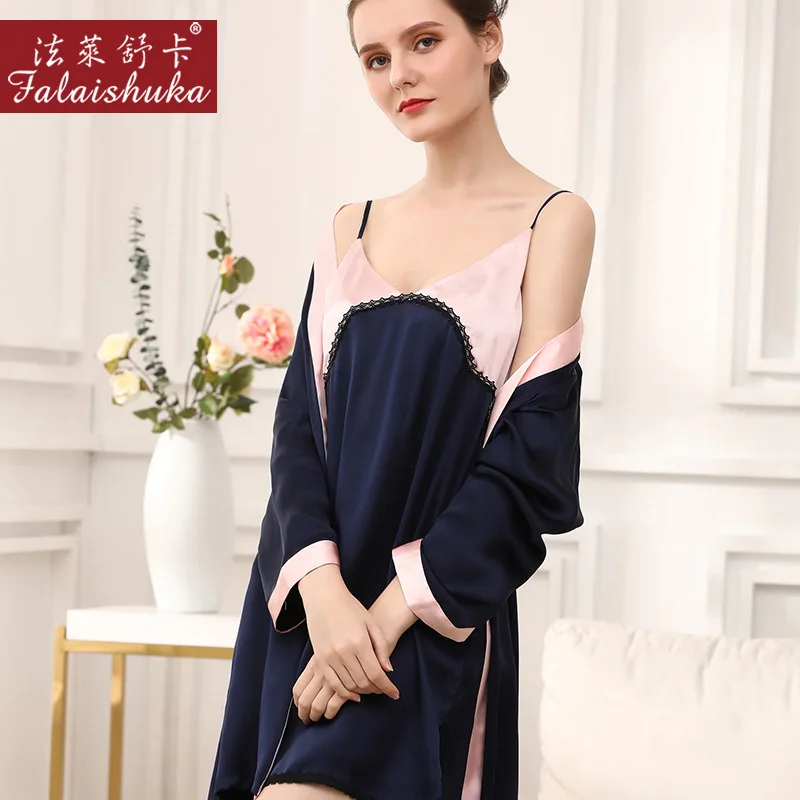 

Elegant blue 100% mulberry silk women robe gown sets spaghetti strap nightdress+robes wedding silky women sleepwear