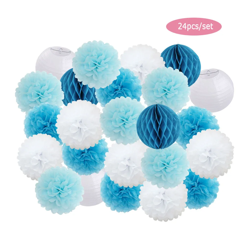 18PCS 6/8inch Blue White Round Chinese Paper Lanterns Tissue Paper