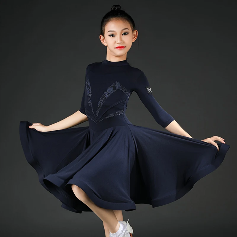 

Latin Dance Dress Girls Navy Blue Competition Dresses Rumba Cha Cha Samba Tango Dancing Performance Clothing Children DN5435