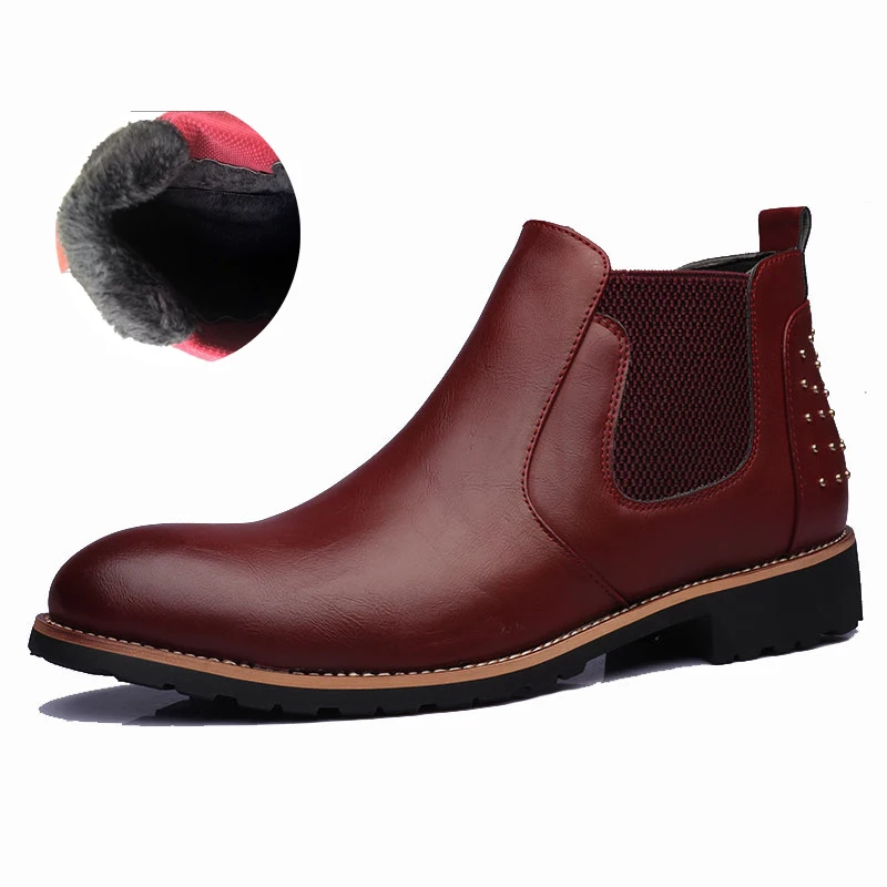 Зимние мужские ботинки «Челси» на меху; Повседневная обувь из натуральной кожи; Мужская Свадебная обувь без шнуровки в британском стиле; короткие мужские ботинки - Цвет: Red Fleece
