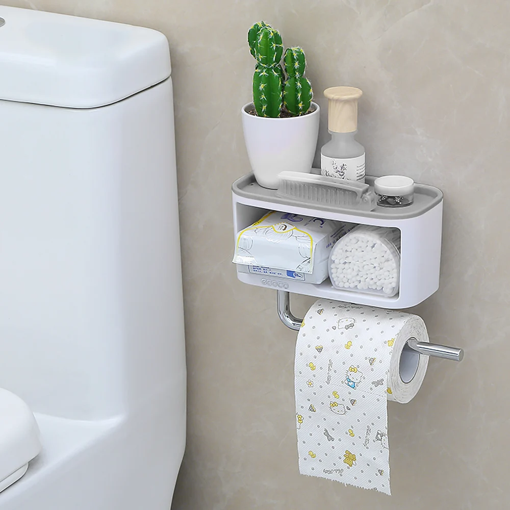

Home Storage Wall Mounted Storage Shelve Storage Box Rack Cosmetic Toiletrie Sundries Storage Holder with Towel Bar for Bathroom