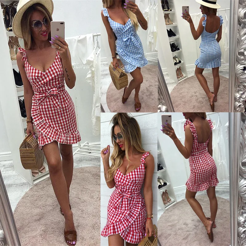 

Oufisun Plaid Ruffles Slim Strap Women's Dress 2019 New Sexy V-neck Sleeveless Backless Belt Dresses Sashes Party Dress Vestidos