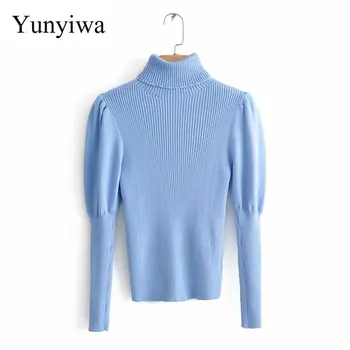 

2020 Women Fashion Turtleneck Puff Sleeve Basic Knitting Sweater Autumn Solid Color Casual Slim Pullovers Chic Leisure Tops