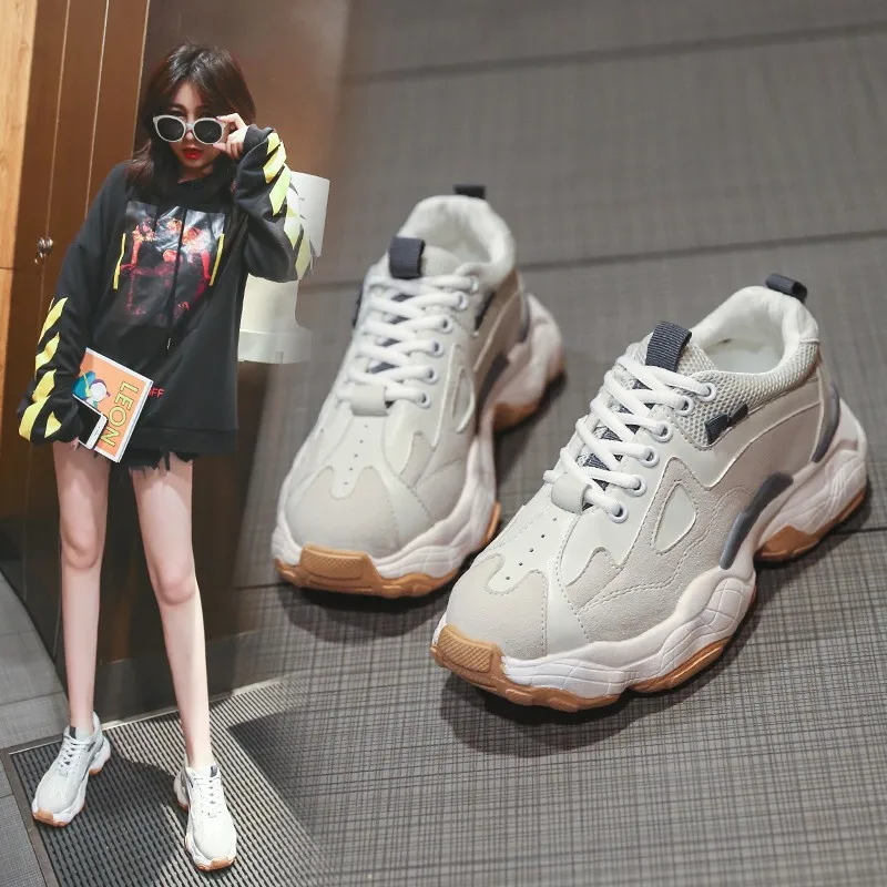 

Platform Heel Lace-up Suede Sports Footwear Women's INS Super Fire Dad Shoes Punched Sheet Surface WOMEN'S Shoes