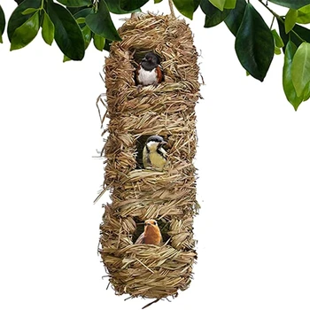 

Hanging Grass Bird Hut with 3 Holes of Hand-Woven Nest Aviary, Comfortable Outdoor Habitat for Birds