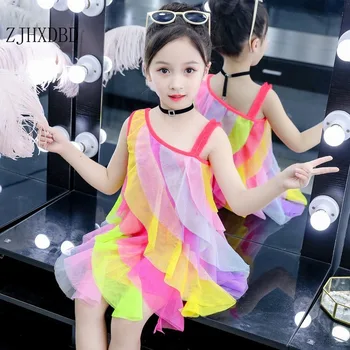 

Girls Dress 2020 Princess Dress Sleeveless Party Dress 3-7Y Clothes Children's Multi-layer Colorful Mesh Dress for Dance