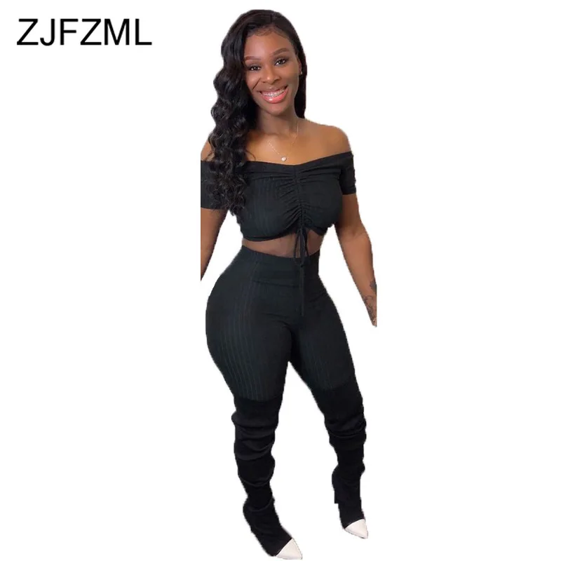 

Ribbed Knit High Elastic Two Piece Set Women's Clothing Deep V Neck Short Sleeve Crop Top And Tight Short Pleated Club Outfits
