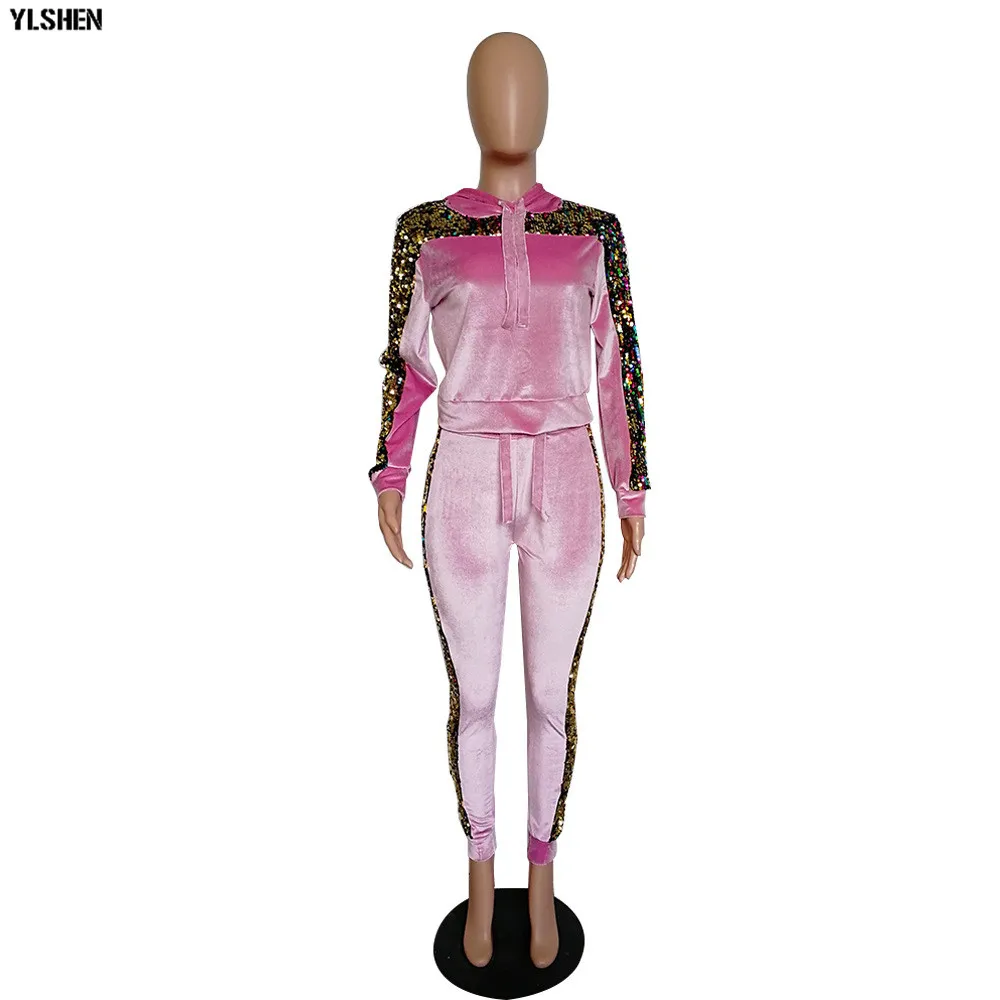 2 Two Piece Set Velvet Tracksuit Women Sexy Sequins Jogging Femme Plus Size Long Sleeve Tops +Pants Sweat Suits Matching Sets 27
