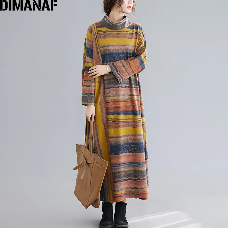 DIMANAF, осенне-зимнее женское платье, винтажное платье с высоким воротом размера плюс, платье в радужную полоску, элегантное женское свободное платье макси с длинным рукавом